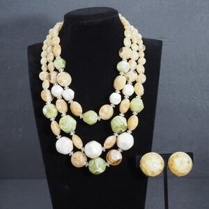 Coro Necklace Earrings Set Clip On Triple Strand Crackle Yellow Green White Bead